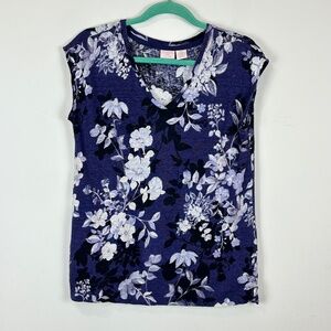 St. Tropez West 100% Linen Purple Floral Cap Sleeve Top M Beach Resortwear